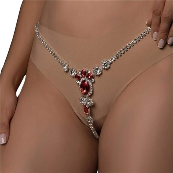 Sexy Red Rhinestone Thong with Crystal Waist Chain - Sparkling Bikini Body Jewel - Picture 2 of 6